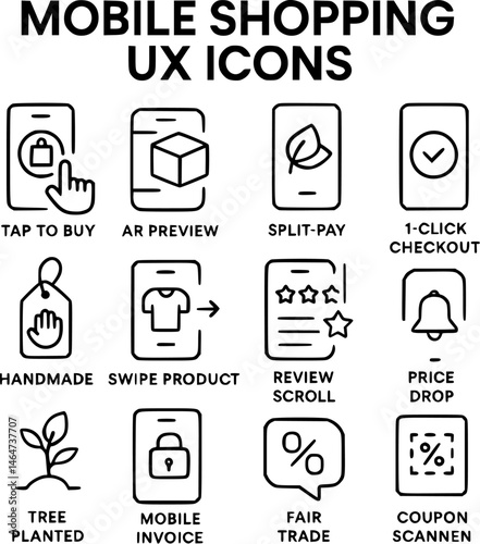 Mobile Shopping UX Icons Set – E-commerce App User Experience Line Icons