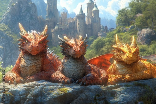 Majestic Royal Family of Dragons Relaxing in Their Grand Castle Adorned With Intricate Designs and Warm Light