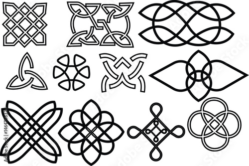 set of celtic outline knots ornament, Medieval tattoo shape vector, infinite weaving pattern, various, stickers assets, abstract geometric graphic elements design isolated and transparent background