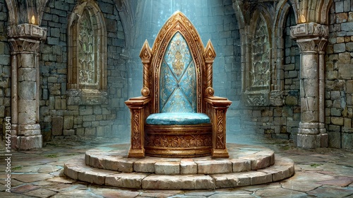 Ornate Gold Throne in a Dimly Lit Stone Chamber