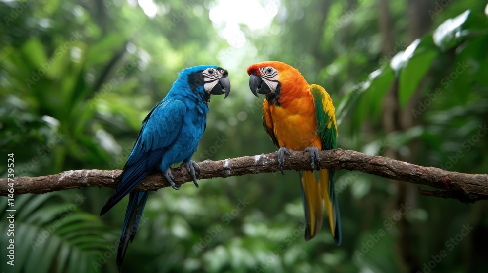 Obraz premium Hyacinth Macaw & Sun Conure Parrots in Jungle