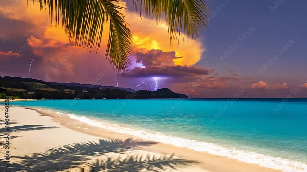 Lightning Strikes Over Tropical Beach at Dusk Exotic Sky Scene Lightning Strikes Over Tropical Beach at Dusk Exotic Sky Scene