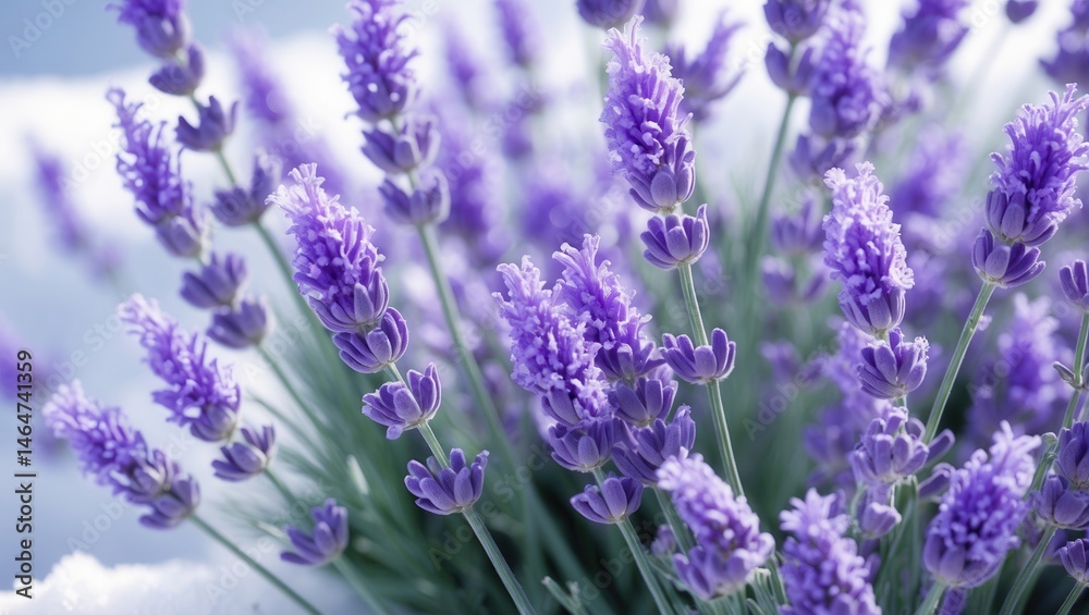 Obraz premium Close-up of vibrant purple lavender flowers blooming in a garden with soft natural light and blurred background