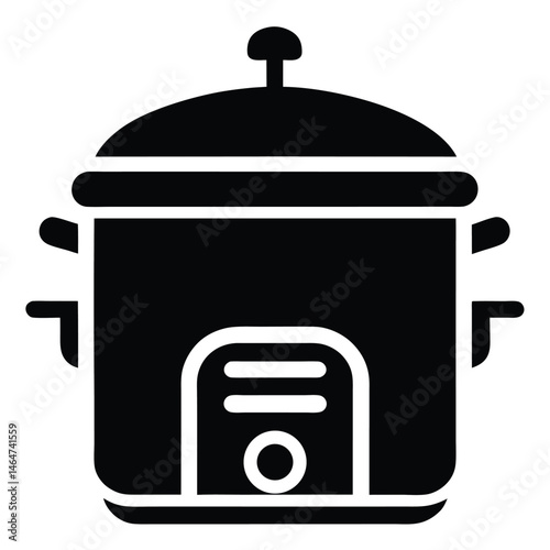 The black and white crock pot kitchen appliance has a transparent background