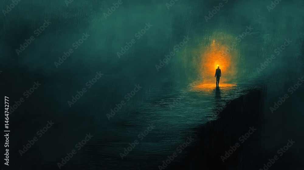 Obraz premium A solitary figure holding a glowing lantern, standing at the edge of a narrow, shadowy path, where the darkness ahead feels thick and oppressive, evoking a sense of fear and suspense