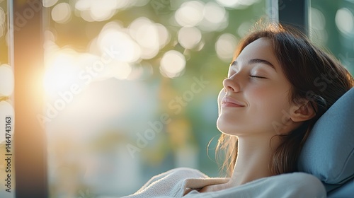 Relaxed woman resting by window.  Sunlight streams in, peaceful scene