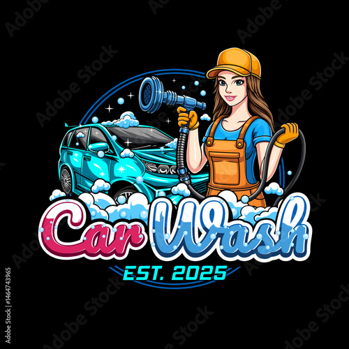 Car washer woman character for car wash business logo