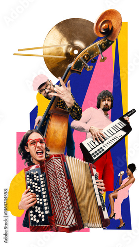 Photography Musicians playing double bass, accordion, and keyboard with lively expressions