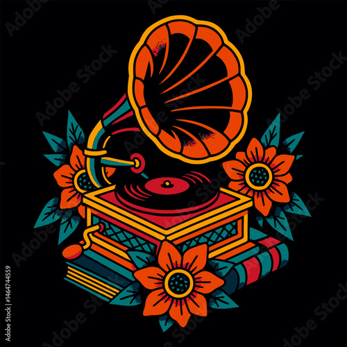Vintage Phonograph Illustration with Flowers and Books on Black Background