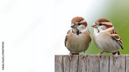 Two Cute Sparrows on Wooden Fence