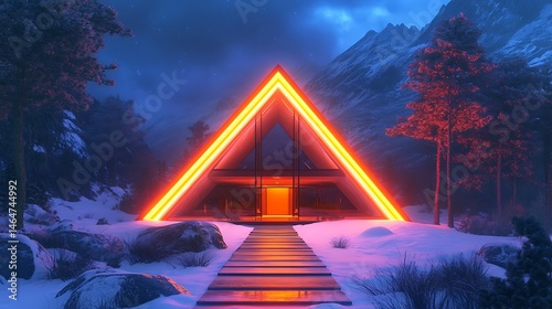 A glowing neon triangle shaped futuristic house