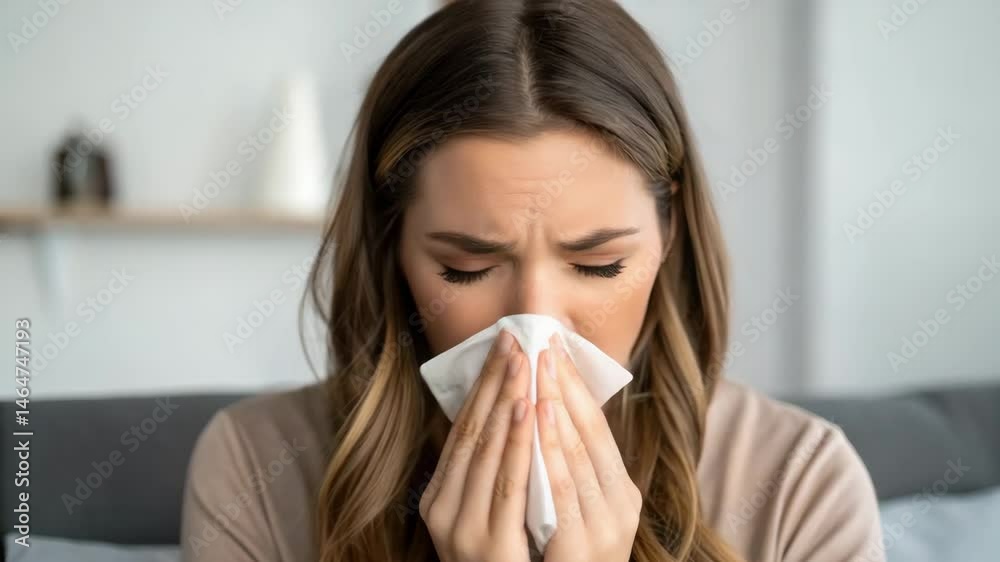 Allergy and Sinus Concept,Woman Blowing Nose in Discomfort, Capturing Emotion and Expression Indoors with Vulnerability Allergy and Sinus Concept,Woman Blowing Nose in Discomfort, Capturing Emotion and Expression Indoors with Vulnerability