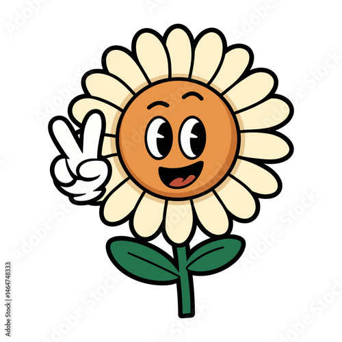 Cheerful vector cartoon sunflower character smiling and making peace sign gesture