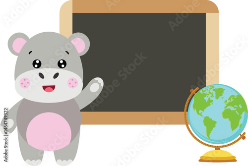 Friendly Hippopotamus Standing by Blackboard and Globe