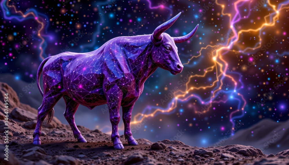 Surreal Cosmic Bull in a Colorful Galactic Background with Stars and Lightning Effects