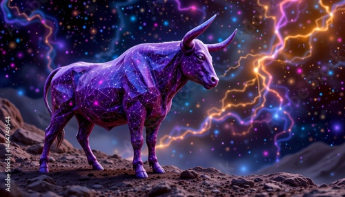 Obraz na płótnie Surreal Cosmic Bull in a Colorful Galactic Background with Stars and Lightning Effects w salonie