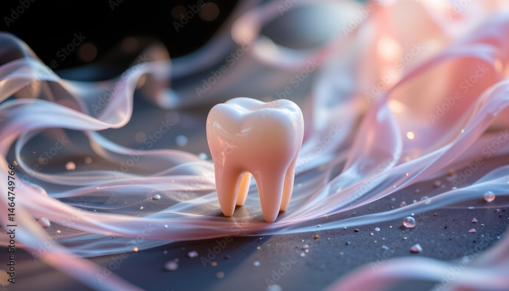 Glossy White Tooth Surrounded by Swirling Pink Smoky Background and Sparkling Droplets in a Dreamy Setting