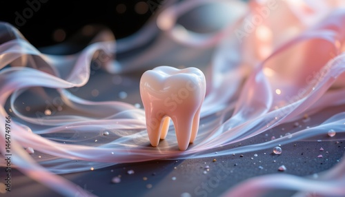Obraz na płótnie Glossy White Tooth Surrounded by Swirling Pink Smoky Background and Sparkling Droplets in a Dreamy Setting w salonie