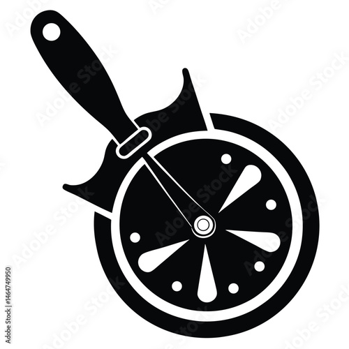 A simplistic blackandwhite pizza cutter depicts a rotating blade with convenient handle