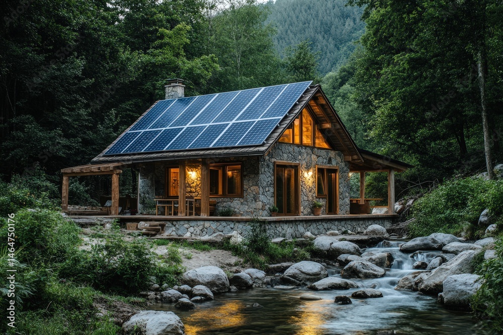 Fototapeta premium Picturesque mountain cabin with solar panels and flowing creek.
