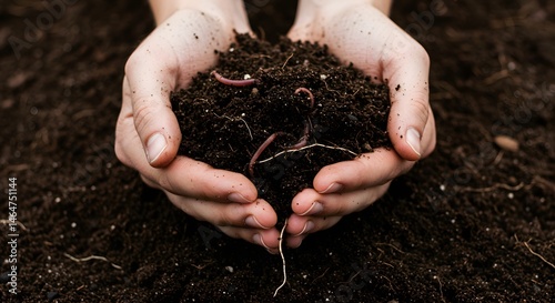 Hands holding soil with earthworms