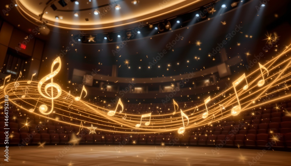 Enchanting Music Notes Flowing Through a Grand Theater Stage with Magical Light Effects and Empty Audience Seats