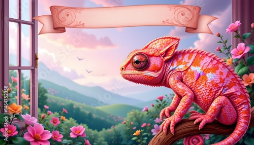 Vibrant Chameleon on Branch Surrounded by Colorful Flowers and Scenic Background in a Beautiful Nature Setting