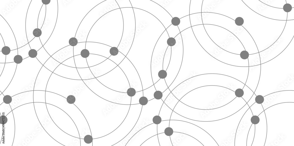 Abstract connecting dots and circles. Pattern of multiple overlapping circles and solid grey dots on a white background. Arcs and circular outlines with geometric grid with a random scatter of dots. Abstract connecting dots and circles. Pattern of multiple overlapping circles and solid grey dots on a white background. Arcs and circular outlines with geometric grid with a random scatter of dots.