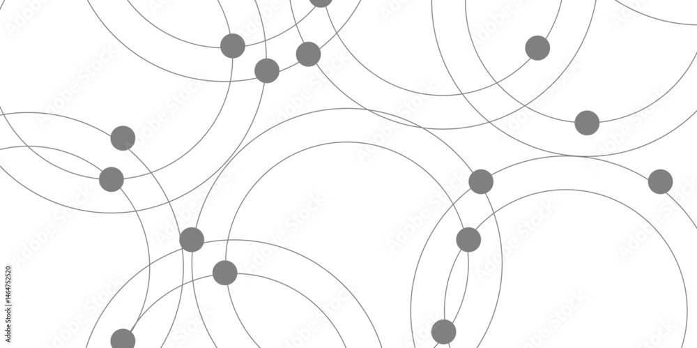 Abstract connecting dots and circles. Pattern of multiple overlapping circles and solid grey dots on a white background. Arcs and circular outlines with geometric grid with a random scatter of dots. Abstract connecting dots and circles. Pattern of multiple overlapping circles and solid grey dots on a white background. Arcs and circular outlines with geometric grid with a random scatter of dots.