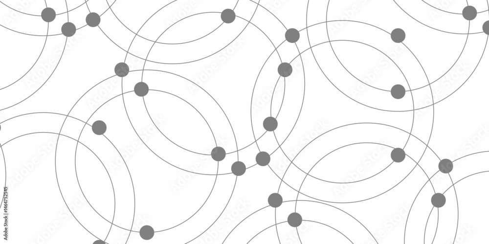 Abstract connecting dots and circles. Pattern of multiple overlapping circles and solid grey dots on a white background. Arcs and circular outlines with geometric grid with a random scatter of dots. Abstract connecting dots and circles. Pattern of multiple overlapping circles and solid grey dots on a white background. Arcs and circular outlines with geometric grid with a random scatter of dots.