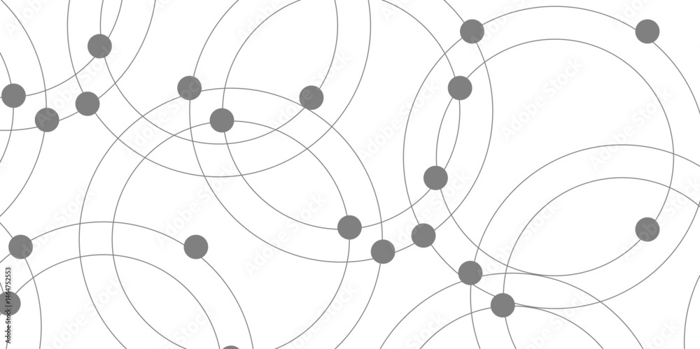 Abstract connecting dots and circles. Pattern of multiple overlapping circles and solid grey dots on a white background. Arcs and circular outlines with geometric grid with a random scatter of dots. Abstract connecting dots and circles. Pattern of multiple overlapping circles and solid grey dots on a white background. Arcs and circular outlines with geometric grid with a random scatter of dots.