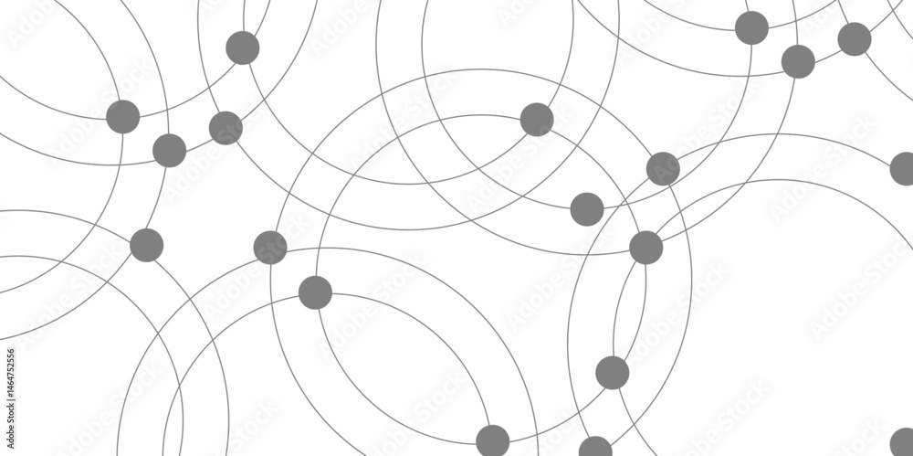 Abstract connecting dots and circles. Pattern of multiple overlapping circles and solid grey dots on a white background. Arcs and circular outlines with geometric grid with a random scatter of dots. Abstract connecting dots and circles. Pattern of multiple overlapping circles and solid grey dots on a white background. Arcs and circular outlines with geometric grid with a random scatter of dots.