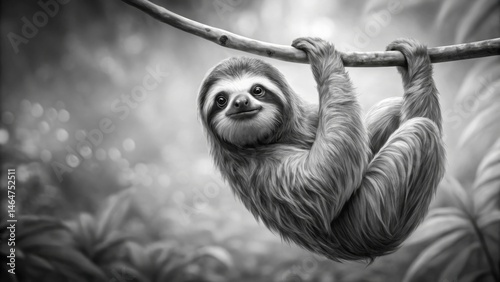 A Monochromatic Portrait of a Three-Toed Sloth Hanging Peacefully from a Branch in a Lush, Verdant Forest