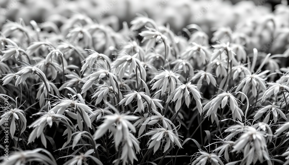 Delicate white flowers with dew in a serene nature setting showcasing intricate details and soft textures in monochrome