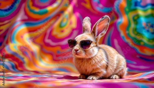 Obraz na płótnie Cute Rabbit Wearing Sunglasses Relaxing Against Colorful Background in Bright and Vibrant Style w salonie