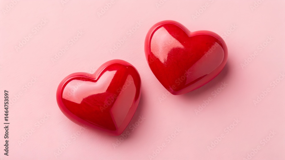 Two glossy red hearts on a pink background