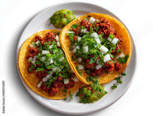tock photo of Mexican chorizo tacos served on a plate, topped with chopped cilantro, diced onion, and green salsa, isolated on a white background, bright lighting, top-down view

