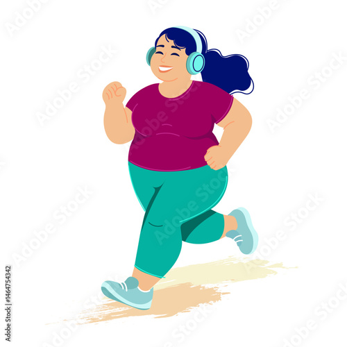 Smiling plus size woman jogging with headphones in colorful sportswear and running shoes, ideal for health blogs, fitness apps, body positivity campaigns, wellness illustrations, and lifestyle content