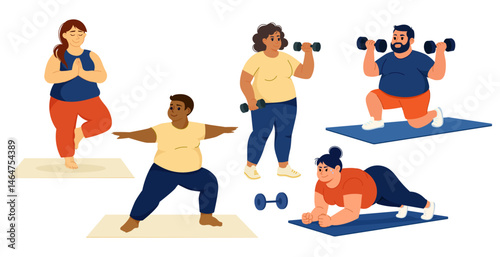 Diverse group of plus size men and women exercising with dumbbells and yoga mats in different workout poses promoting body positivity and fitness.Healthy lifestyle,self care concept.Vector design
