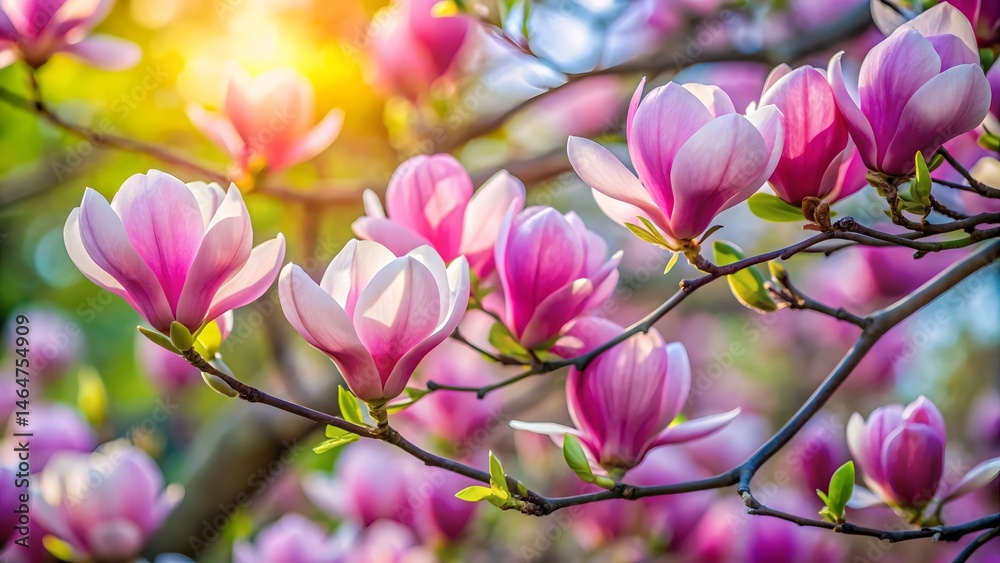 Obraz premium Blooming Pink Magnolia Flowers in Sunlight