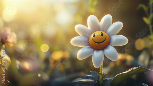 A smiling flower with a yellow center and white petals, standing on a stem, set against a blurred background of greenery and light.