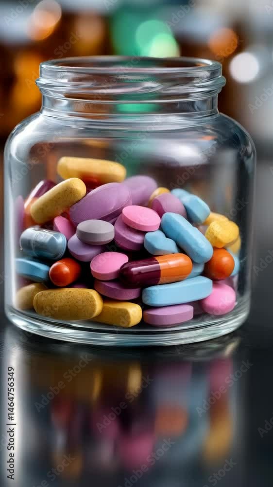 Colorful pills and capsules in a glass jar, pharmaceutical assortment, healthcare supplements, medical treatments, conceptual remedy storage Colorful pills and capsules in a glass jar, pharmaceutical assortment, healthcare supplements, medical treatments, conceptual remedy storage