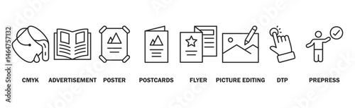 Print banner web icon vector illustration concept with icon of cmyk, advertisement, poster, postcards, flyer, picture editing, dtp, and prepress