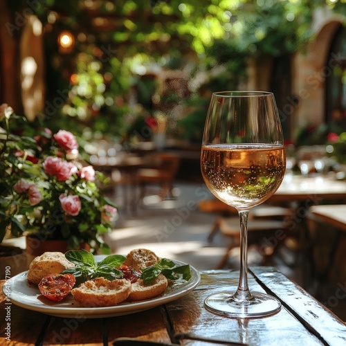 Rose Wine Glass and Gourmet Dish on Outdoor Dining Table 