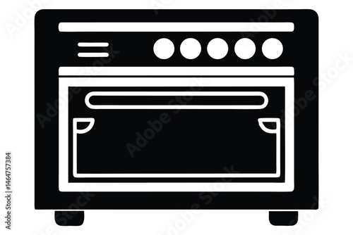 Black and white oven illustration showcases a simplified appliance for cooking with basic control elements