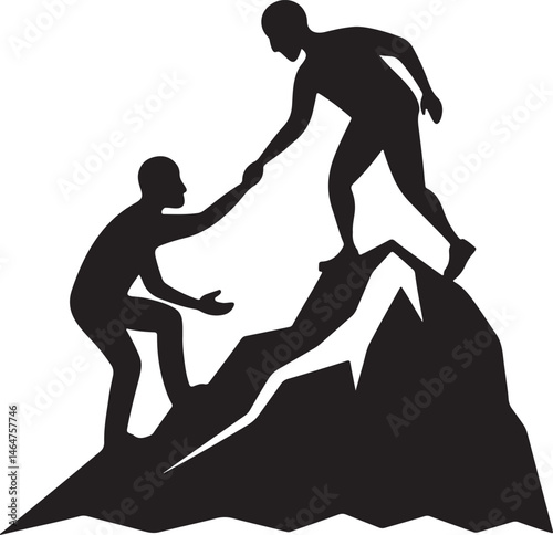 helping friend reach the mountain silhouette, black and white silhouette, vector and illustration