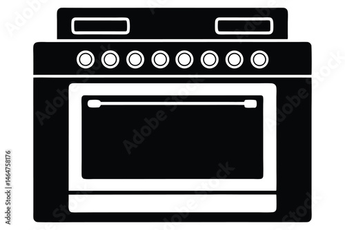 An isolated illustration presents a blackandwhite stove with control knobs and oven
