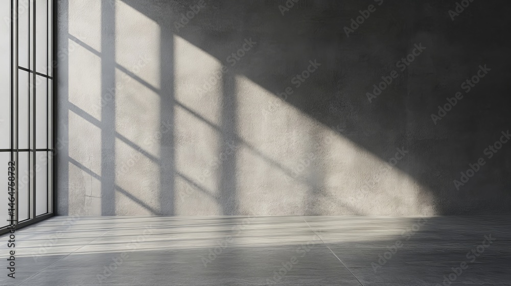 Obraz premium Modern minimalist interior room with grey concrete wall and large window sunlight shadows dark home