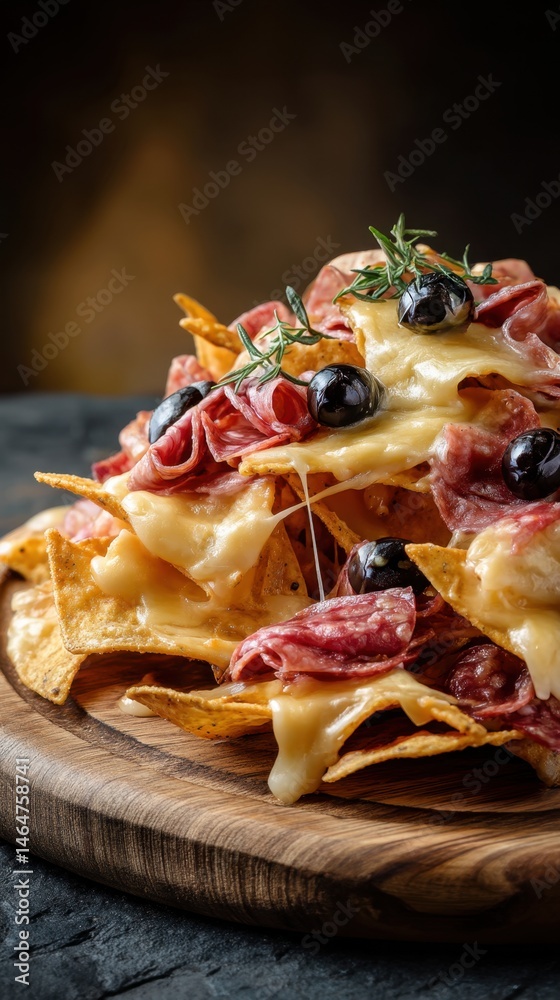 Loaded nachos with salami, melted cheese, and olives on wooden platter