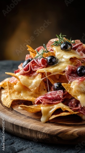 Obraz na płótnie Loaded nachos with salami, melted cheese, and olives on wooden platter w salonie